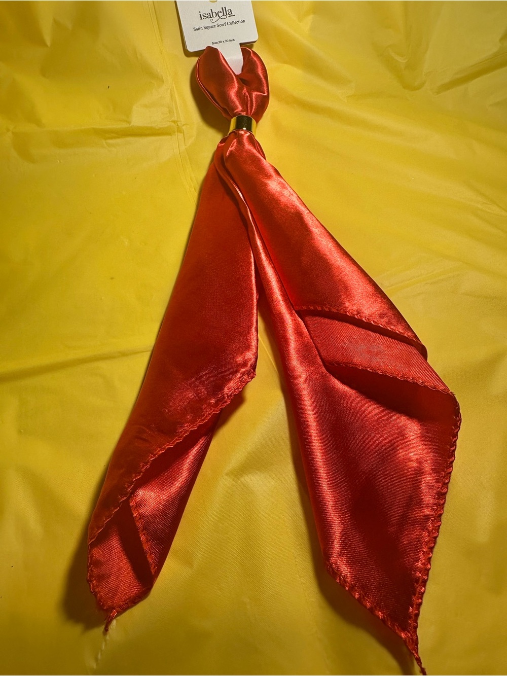 Abella Shiny Red Satin Neck Scarf with Gold Accent Ring